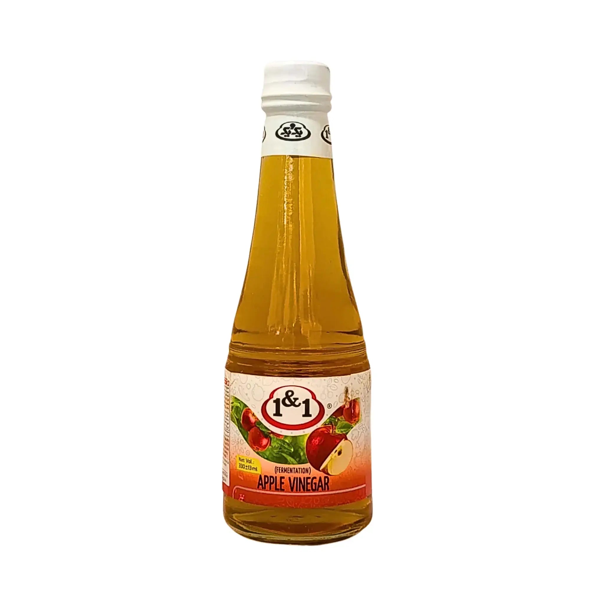 Flaska med äppelvinäger 330ml, klar vätska och etikett med äppelbitar mot vit bakgrund.