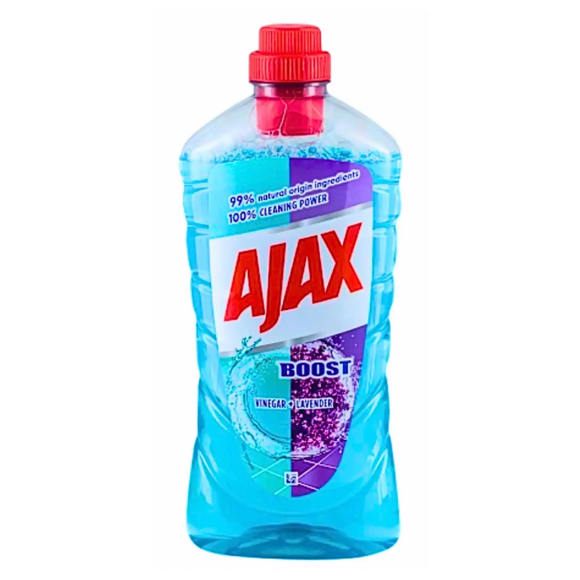 Ajax Boost rengöringsmedel 1L med vinäger och lavendel, blå vätska i plastflaska