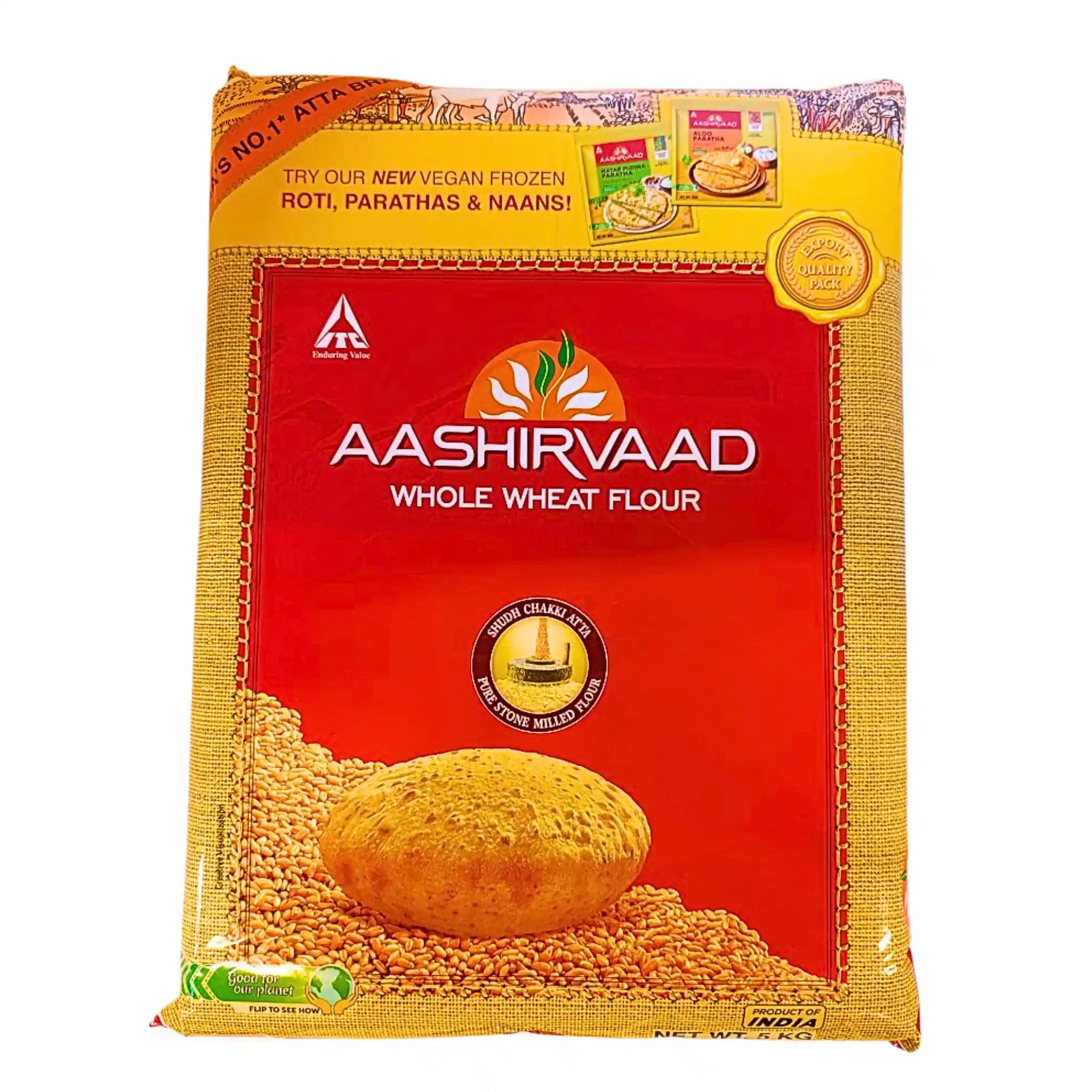 Aashirvaad fullkornsvetemjöl 5 kg med bild på bröd och vetekorn, indisk mjölprodukt.