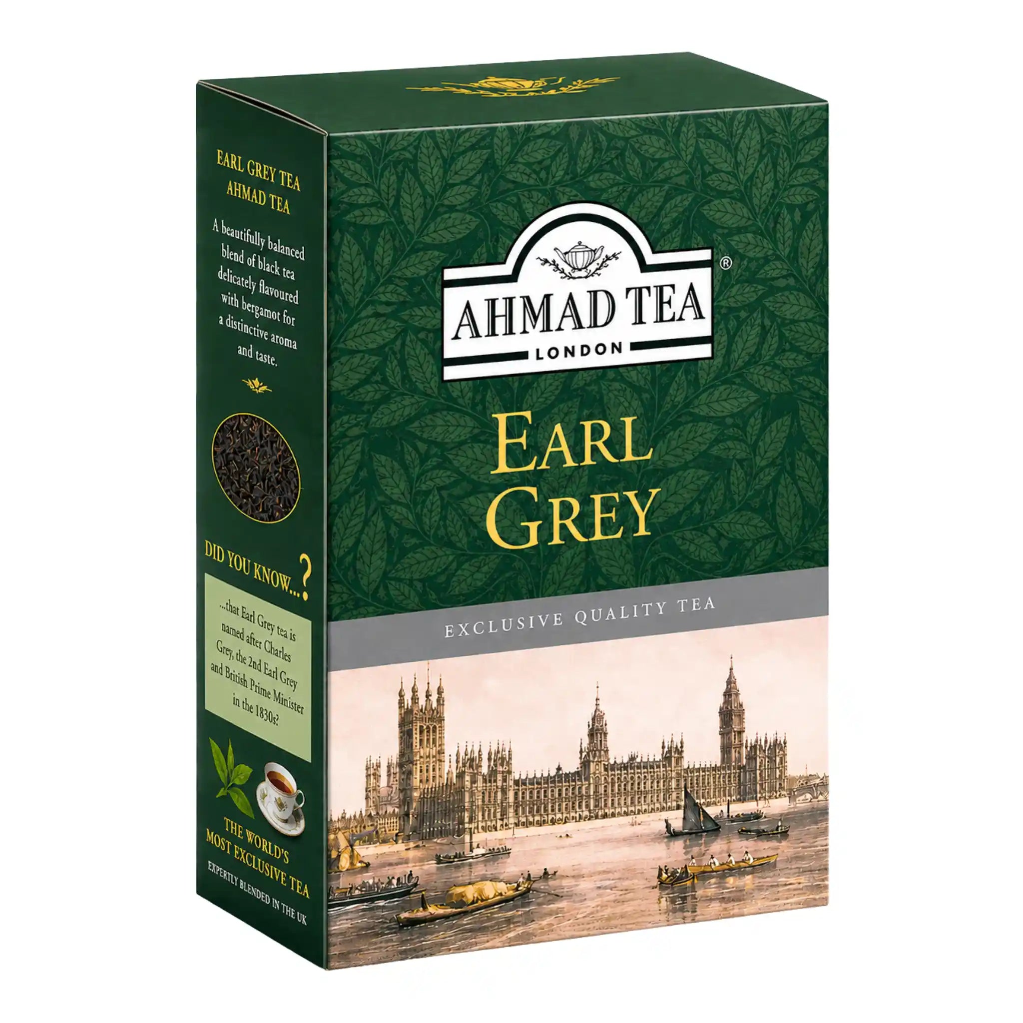 Ahmad Tea Earl Grey tebox, grön kartong med logotyp och etikett