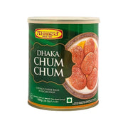 Grön burk med Dhaka Chum Chum, indiska sötade ostbollar i sockerlag, 850g.