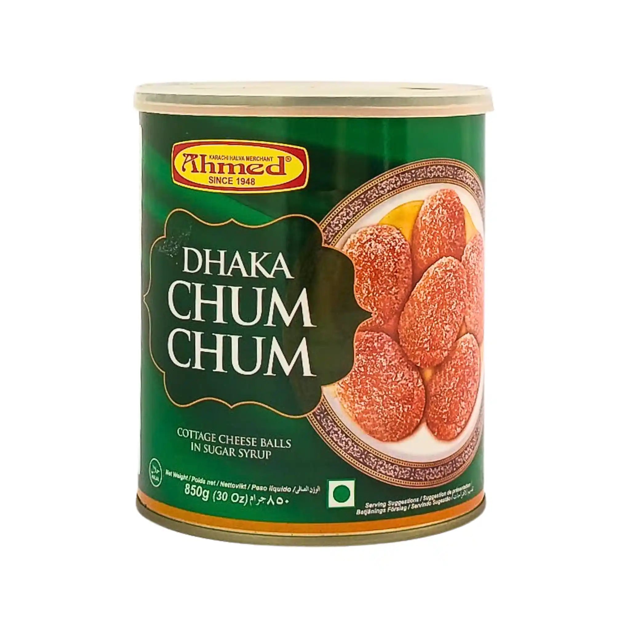 Grön burk med Dhaka Chum Chum, indiska sötade ostbollar i sockerlag, 850g.
