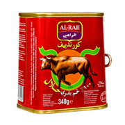 Corned beef-burk 340 g med AL-RAII-logga, röd etikett och guldlid