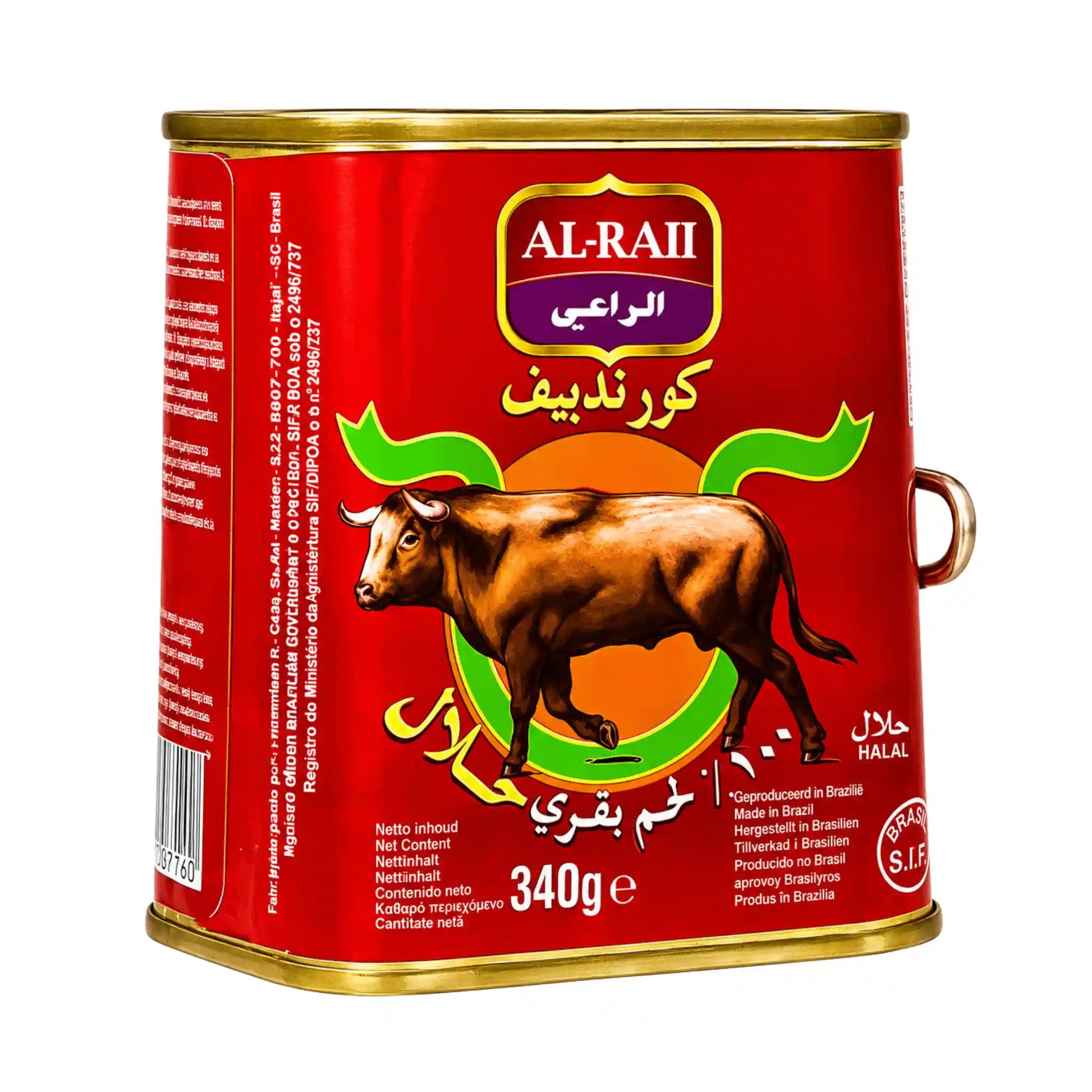 Corned beef-burk 340 g med AL-RAII-logga, röd etikett och guldlid