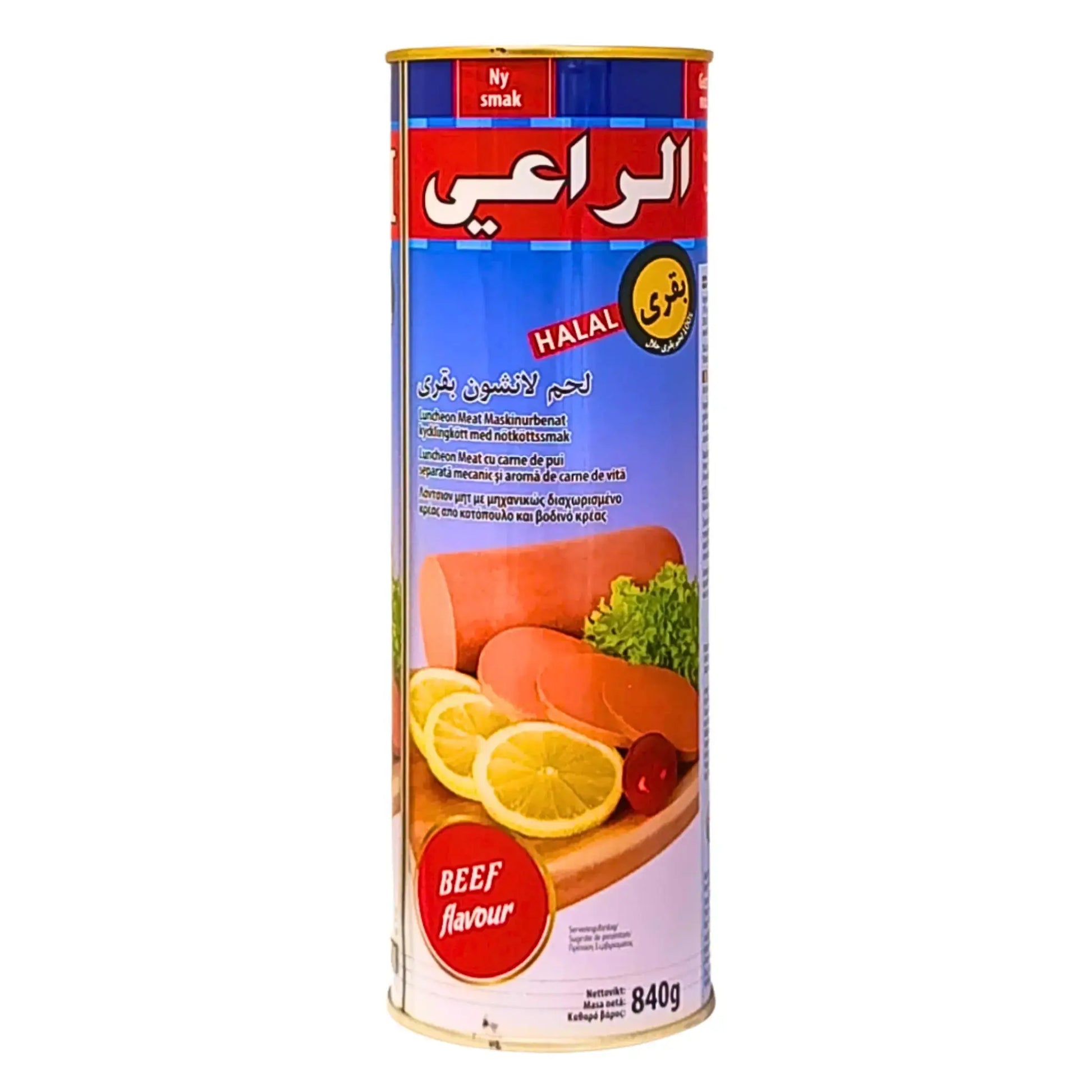 Konserv med nötköttsmak, halal, 840g, bild på skivor kött, citron och sallad