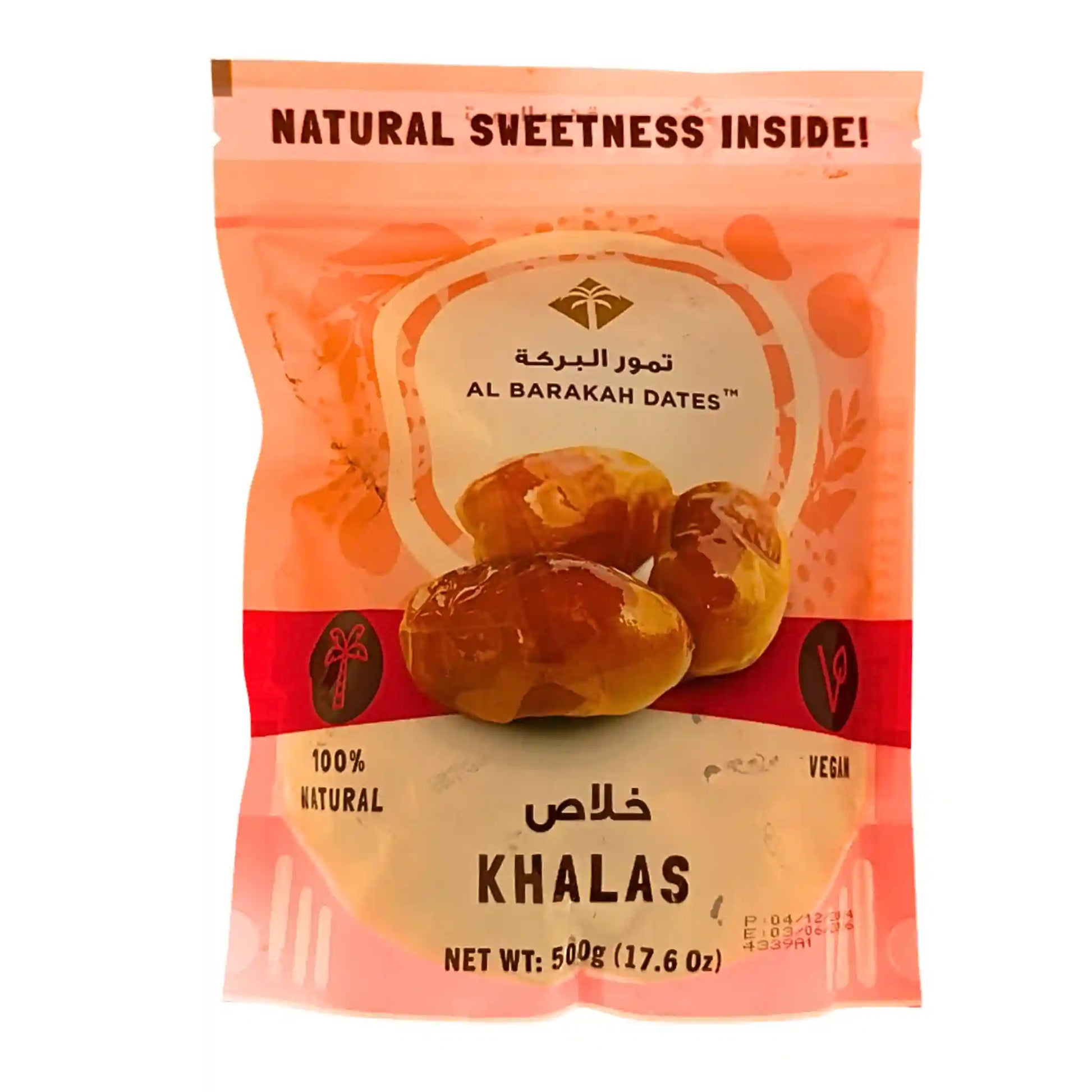 Förpackning med Khalas dadlar 500g, 100% naturliga och veganska orientaliska dadlar.