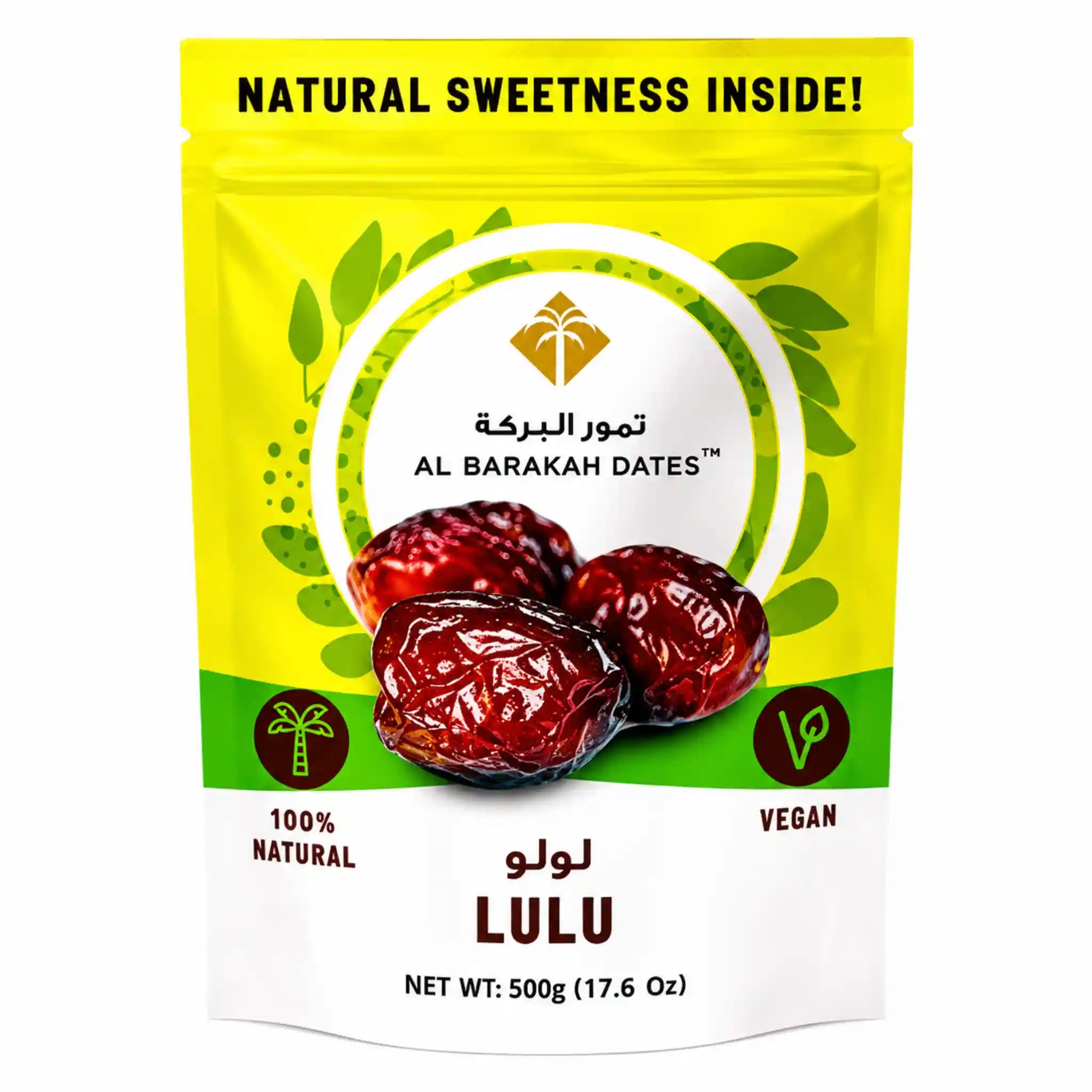 Lulu Al Barakah dadlar, 500 g, vegansk påse i gul och vit färg