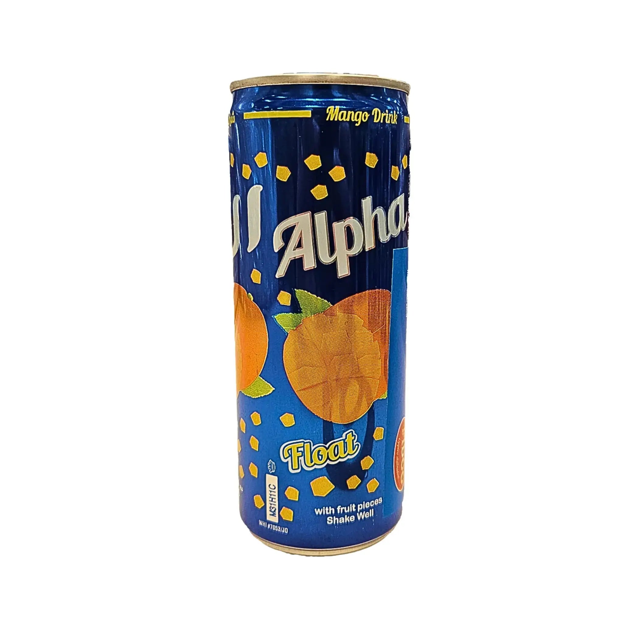 Blå burk mango dryck med fruktbitar, illustrerade mangobilder och text på framsidan.