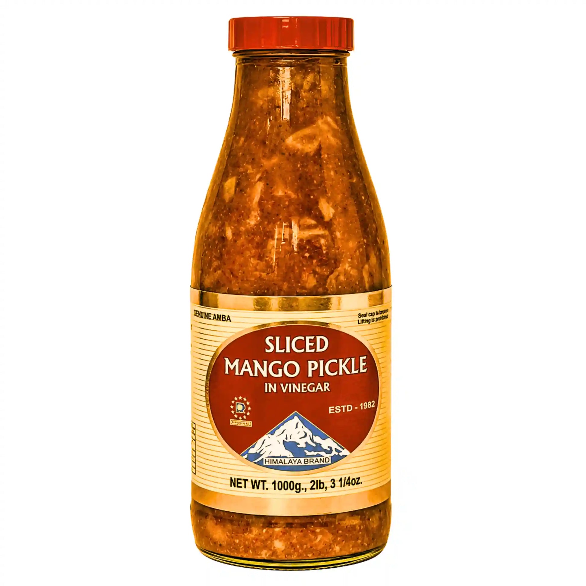 Anba mangoinläggningar i vinäger, skivad mango, 1 liter, flaska med röd kork
