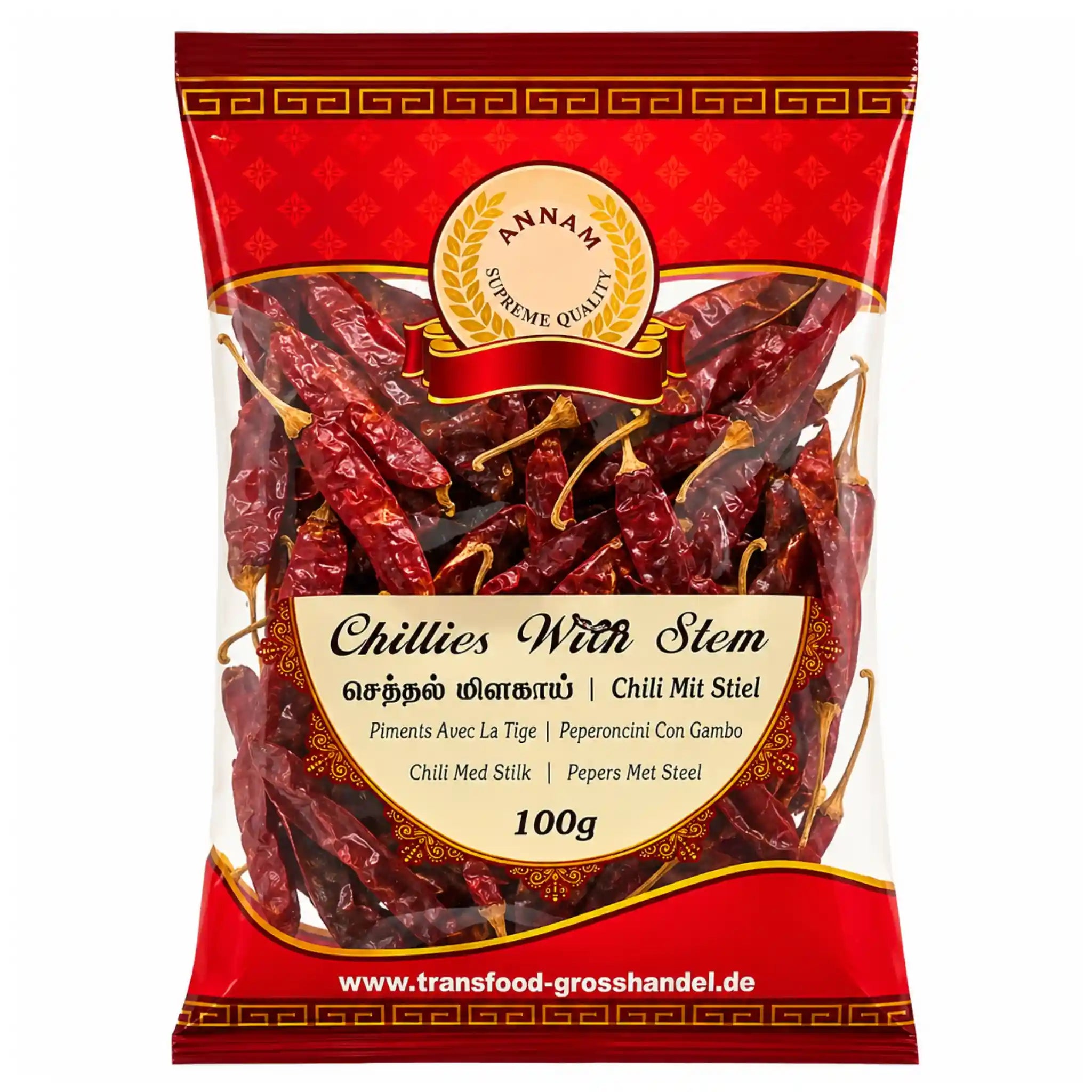 Förpackning med Annam Red Chilli 100g hela torkade röda chilifrukter.