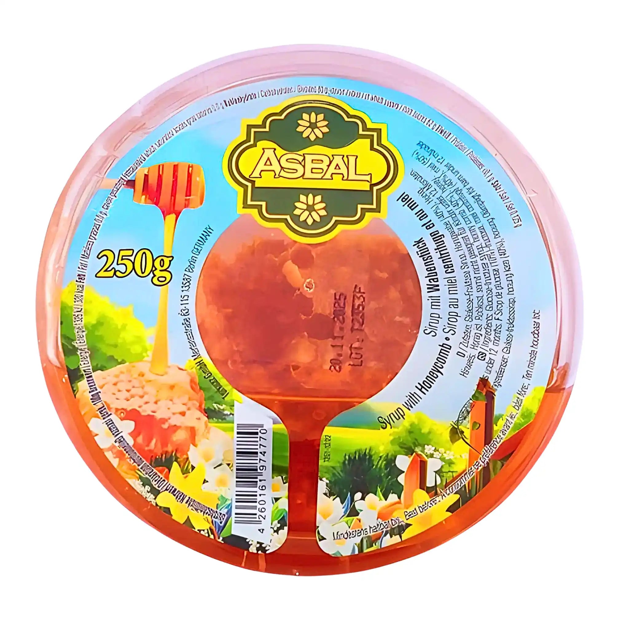 Asbal honungskaka i rund plastförpackning, 250g, med honungskakbild och blommor på etiketten.