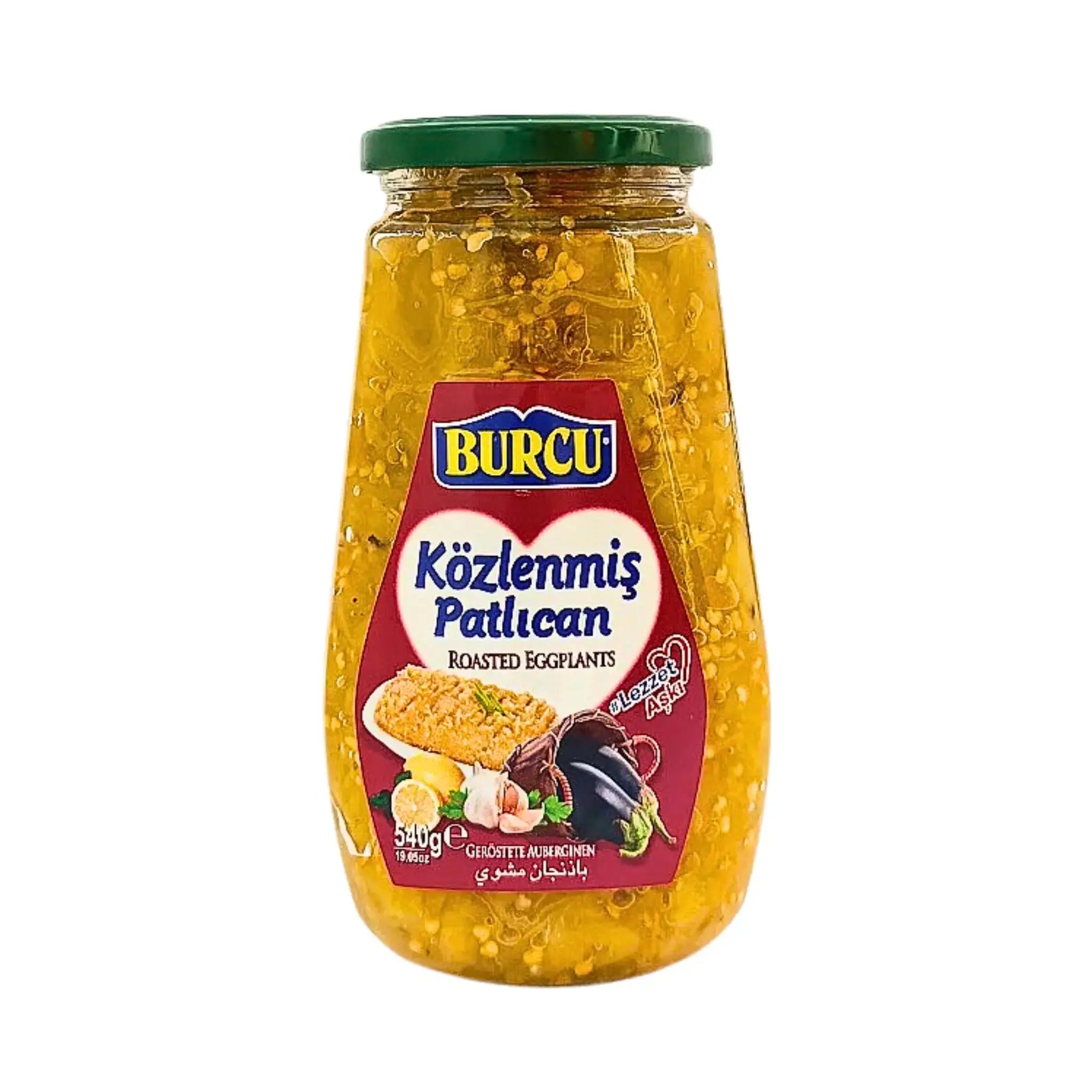 Burcu rostad aubergine i glasburk 540g, orientaliska delikatesser, vita bakgrund