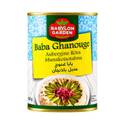 Baba Ghanouge i burk med etikett Babylon Garden och aubergineröra