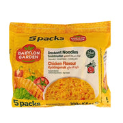 Babylon Garden snabbnudlar kycklingsmak 5-pack, gul förpackning med bild på nudlar och kyckling