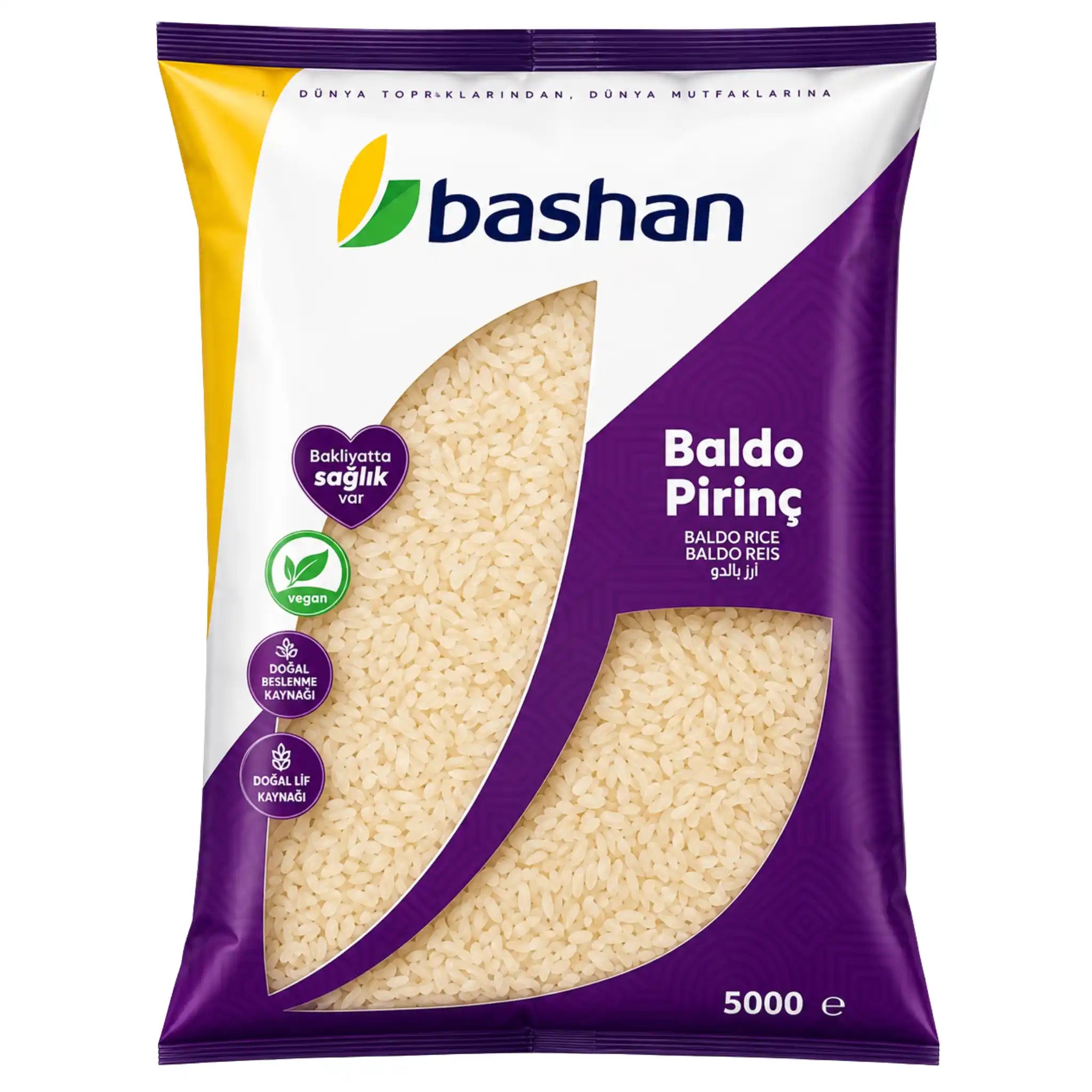 Bashan Baldo Pirinç-ris i 5 kg förpackning, vit och lila design med ris.