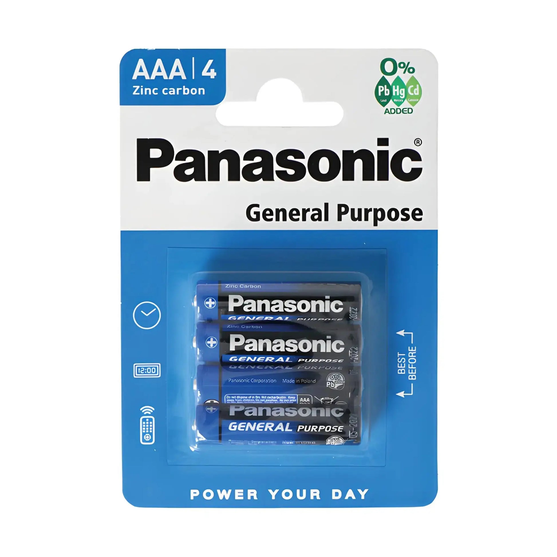 Fyrapack AAA-batterier zinc carbon i blå och vit förpackning, Panasonic text synlig