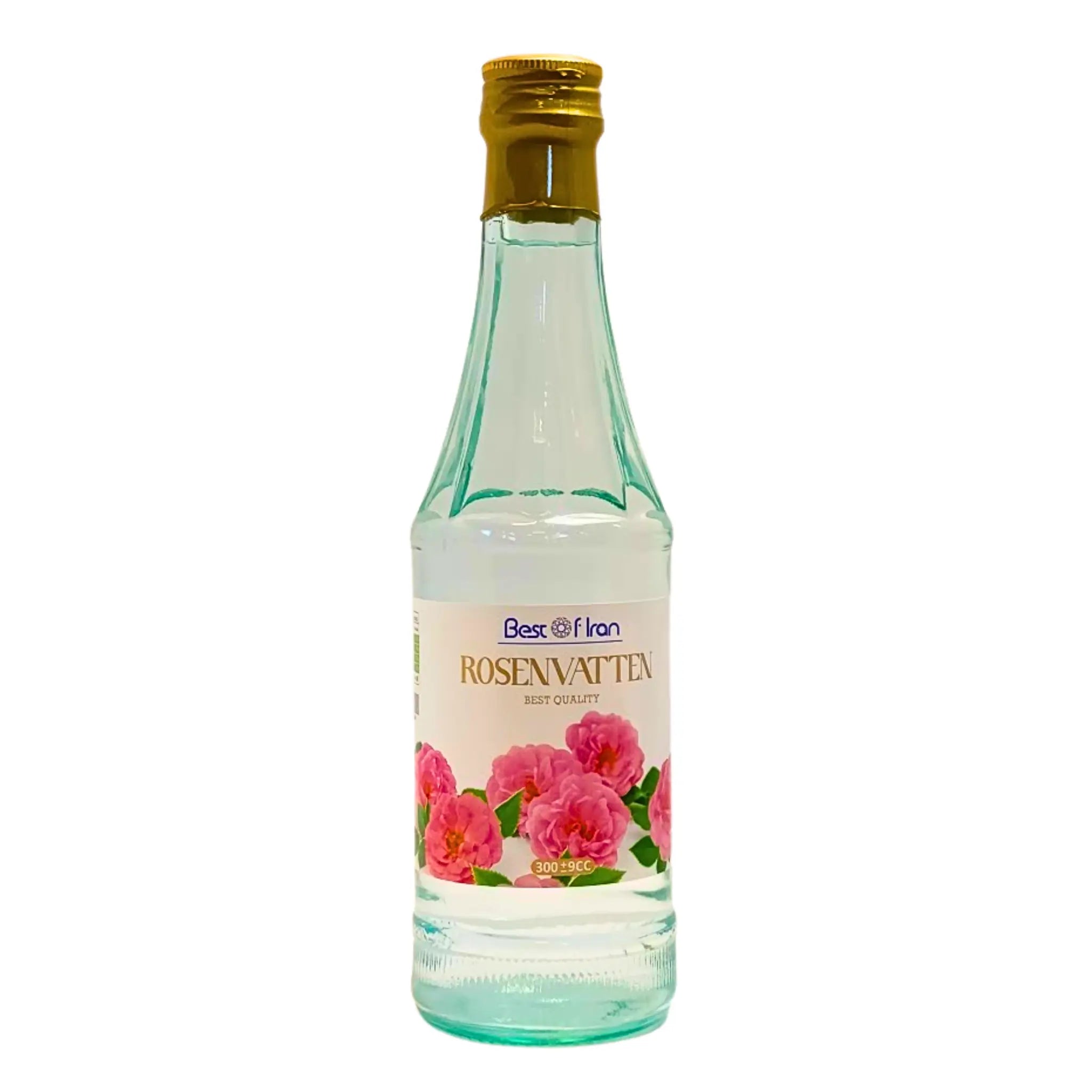 Rosenvattenflaska 300 ml i transparent glas med guldfärgat lock