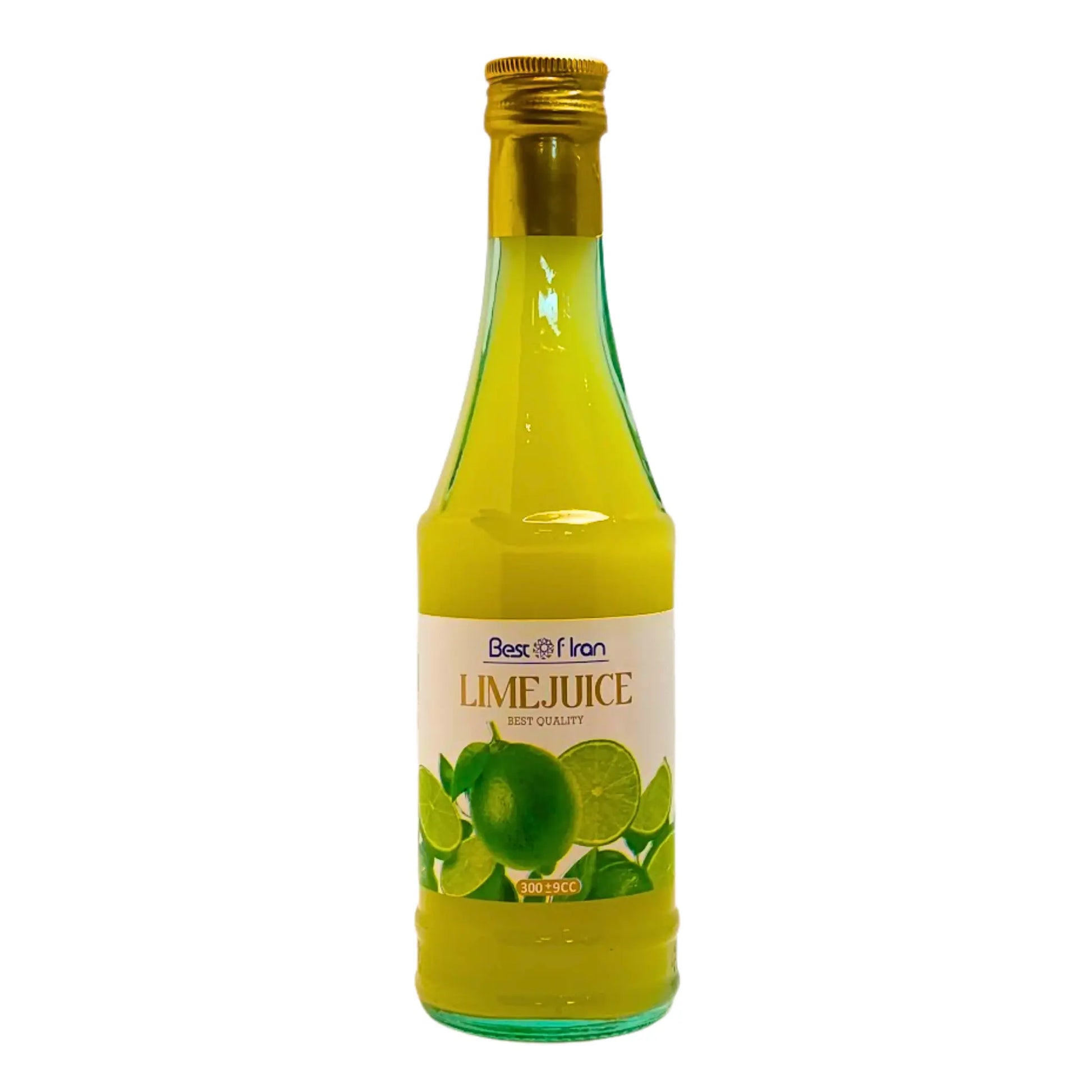 Limejuice på flaska med klargrön vätska och gul kapsyl