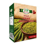 Beutna Freekeh 400 g rostad grön vete i förpackning med bild på skål.