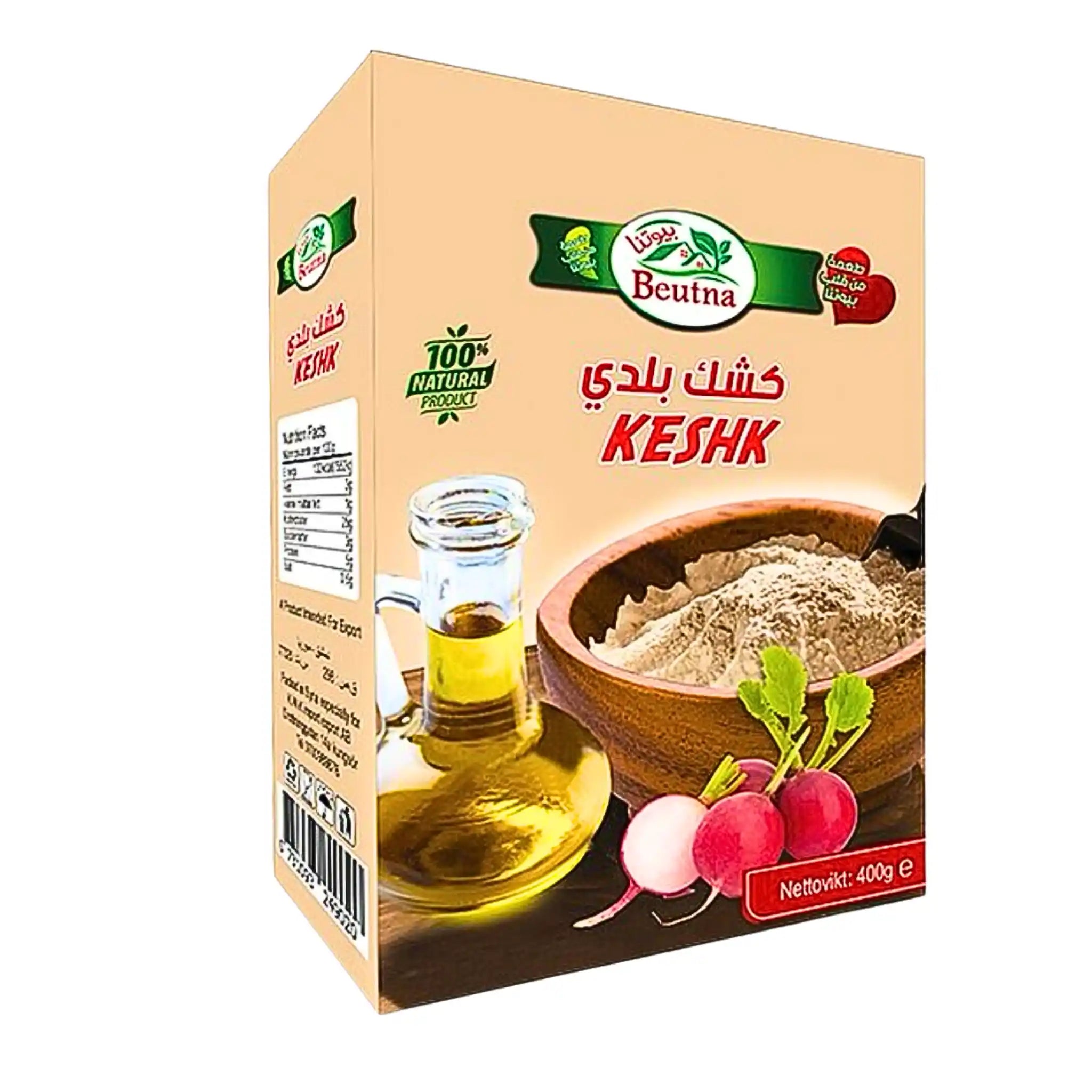 Kashk Baladi 400g förpackning med bild på kashkpulver, olja och rädisor, orientaliska livsmedel