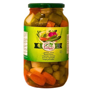 Glasburk med orientaliska inlagda grönsaker, Beutna Mix Pickles 1300g mot vit bakgrund