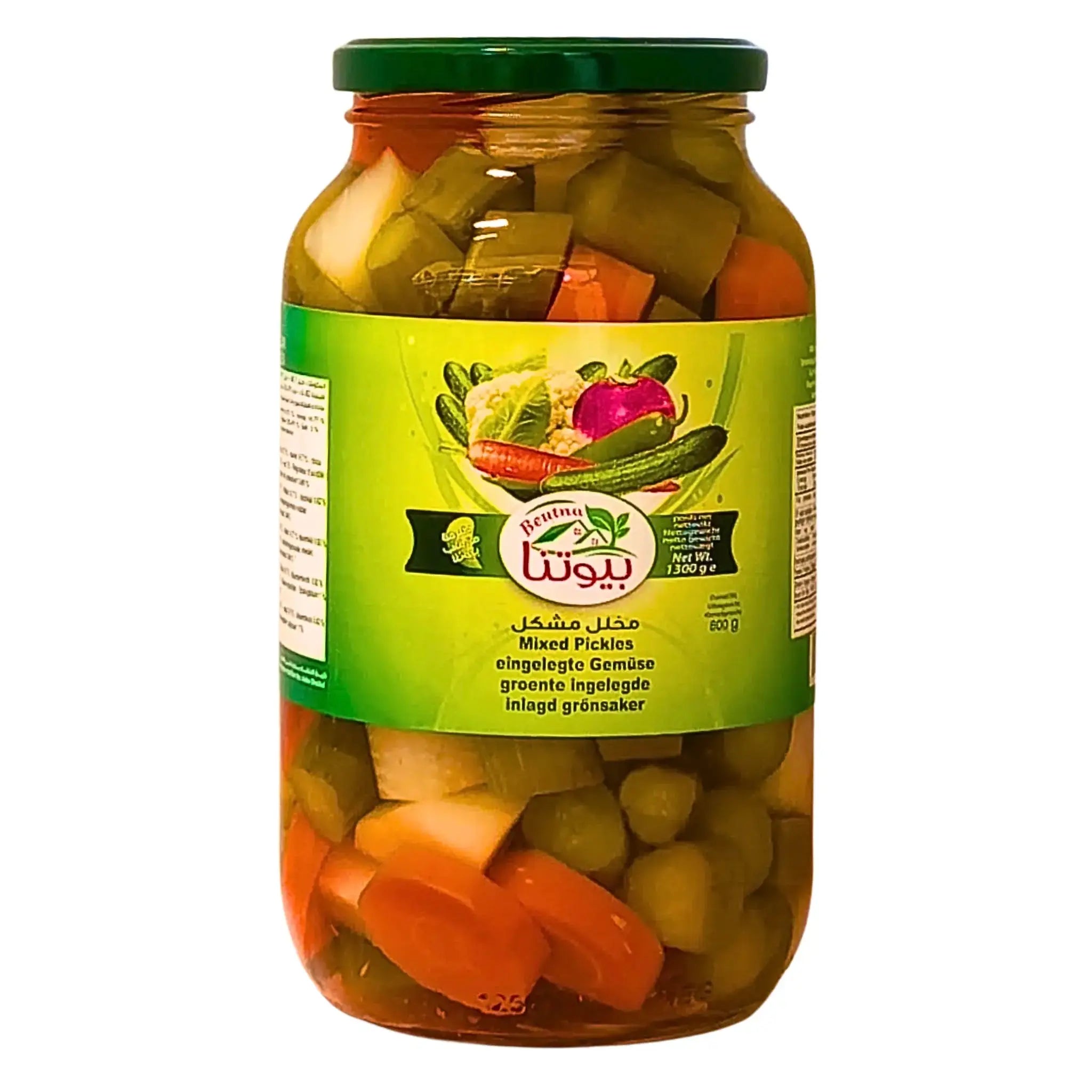 Glasburk med orientaliska inlagda grönsaker, Beutna Mix Pickles 1300g mot vit bakgrund