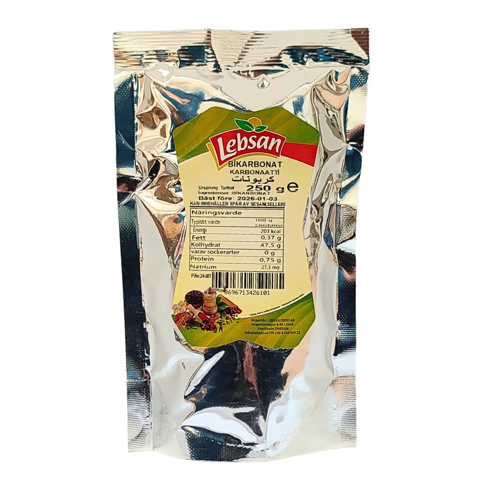 Silverförpackning med bikarbonat Lebsan 250g, näringsinformation på etiketten