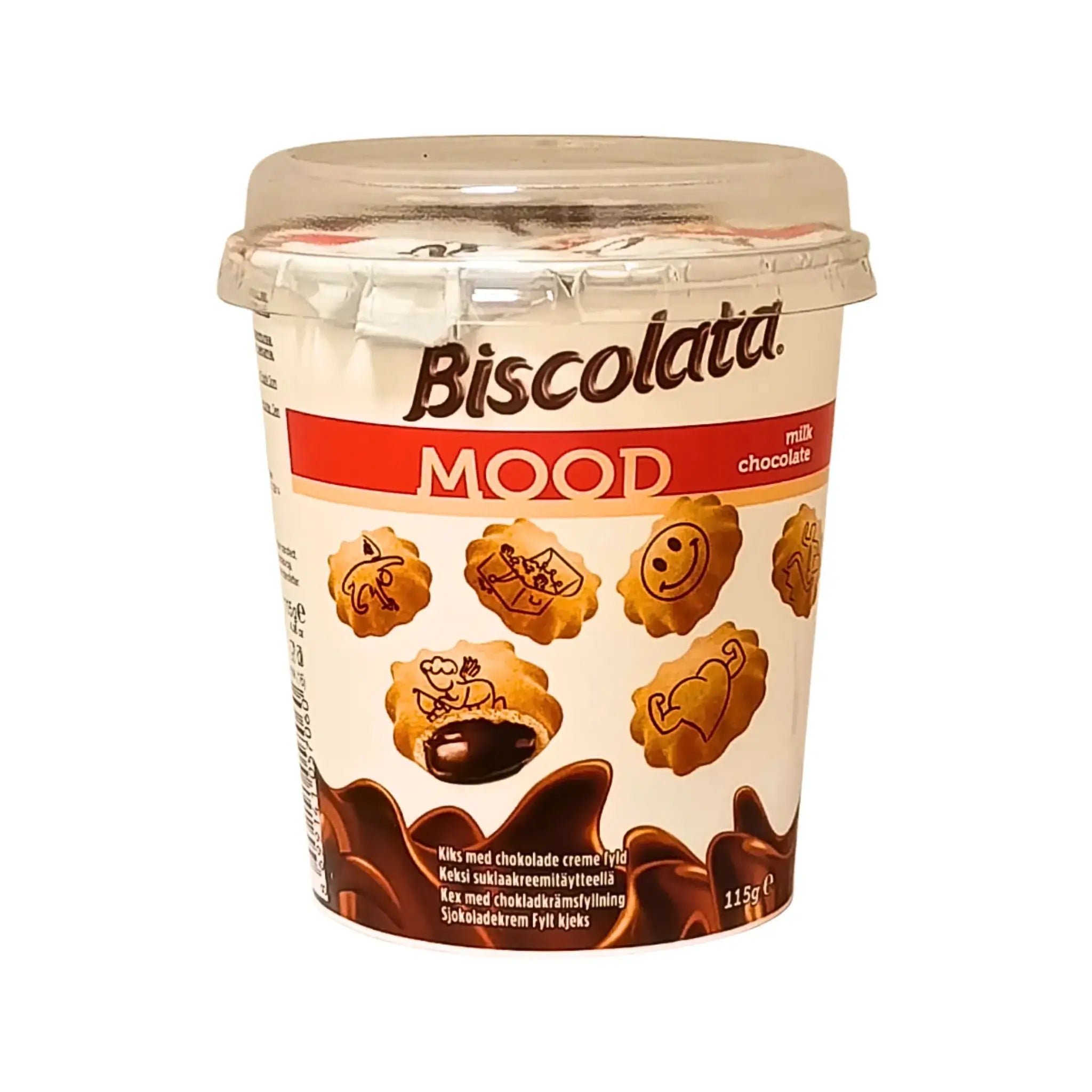 Biscolata Mood mjölkchokladfyllda kex i plastbägare, 115g, med roliga tryck på kexen