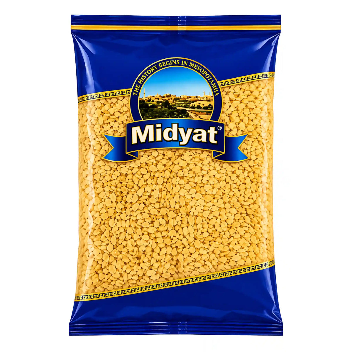 Grov bulgur i blå påse med Midyat-logotyp och gul etikett