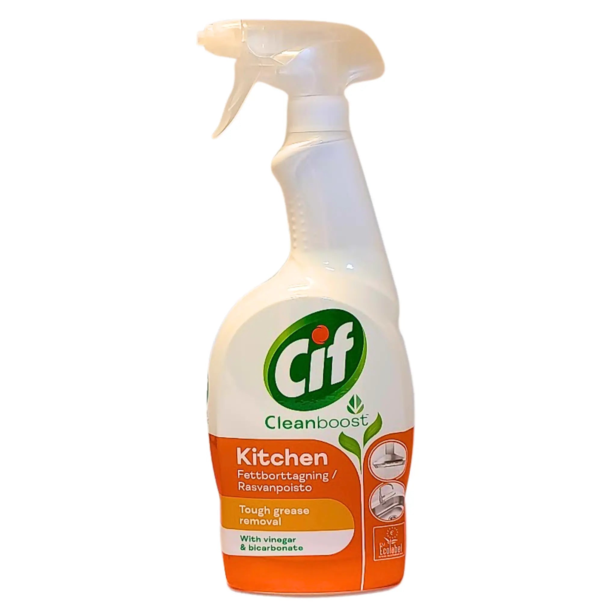 CIF Cleanboost rengöringsspray i vit sprayflaska, etikett för fettborttagning