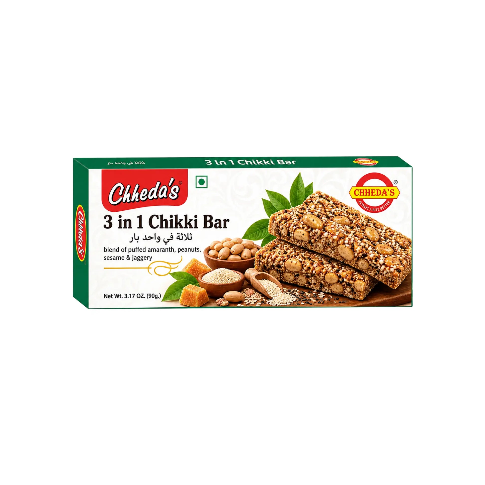 En förpackning av Chheda's 3in1 Chikki 90g – Indiska Bars med Jordnöt, Sesam & Amarant