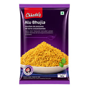 Chheda's indiskt potatissnacks i mörk påse med gul kryddig strössel