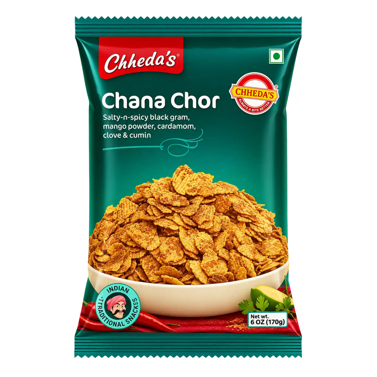 Chheda's Chana Chor-kryddat snacks i grön påse med kikärtchips