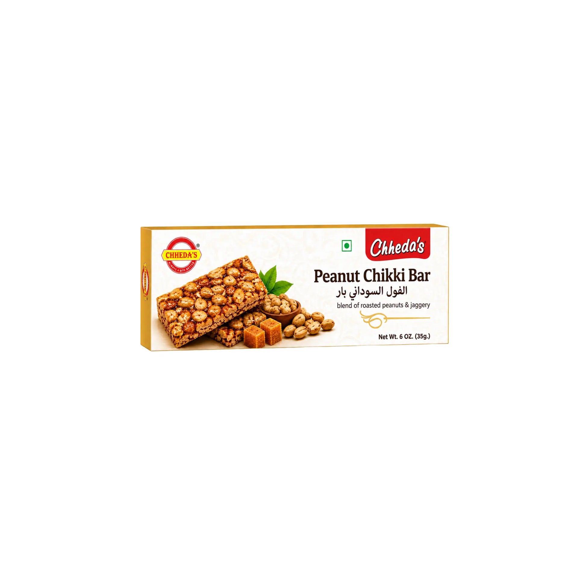 Chheda's Jordnötter Chikki Bar 35g, krispig indisk jordnötsknäck med jaggery på shirdill.com.