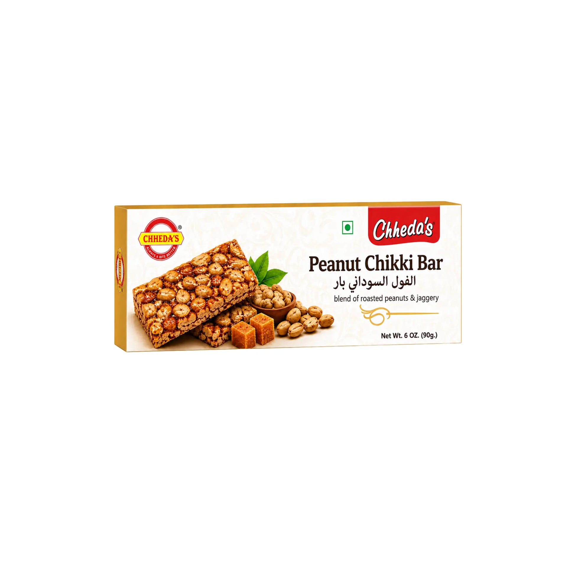 Chheda's Jordnötter Chikki Bar 35g, krispig indisk jordnötsknäck med jaggery på shirdill.com.