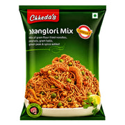 Grön snackpåse med Chheda's Mangalori Mix och bild av krispiga nudlar