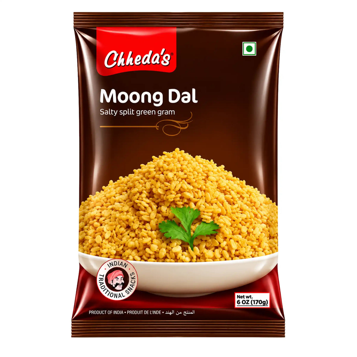 Chheda’s mungbönor mung dal i brun påse med röd etikett och 170 g.