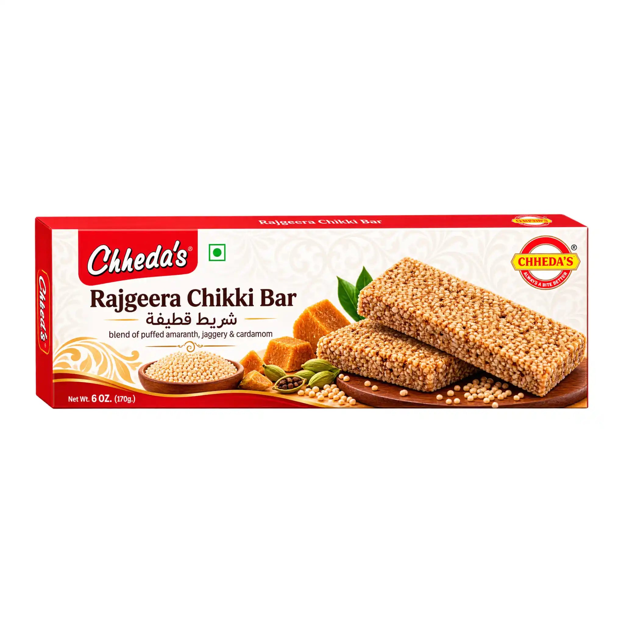 Förpackning med Chheda's Rajgeera Chikki 170g krispiga amarantbars med jaggery.
