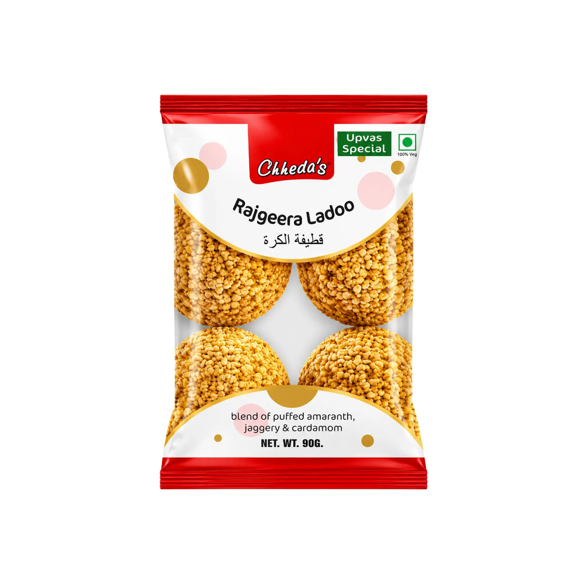 Chheda’s Rajgeera ladoo – amarantbollar i röd/vit påse, 90 g