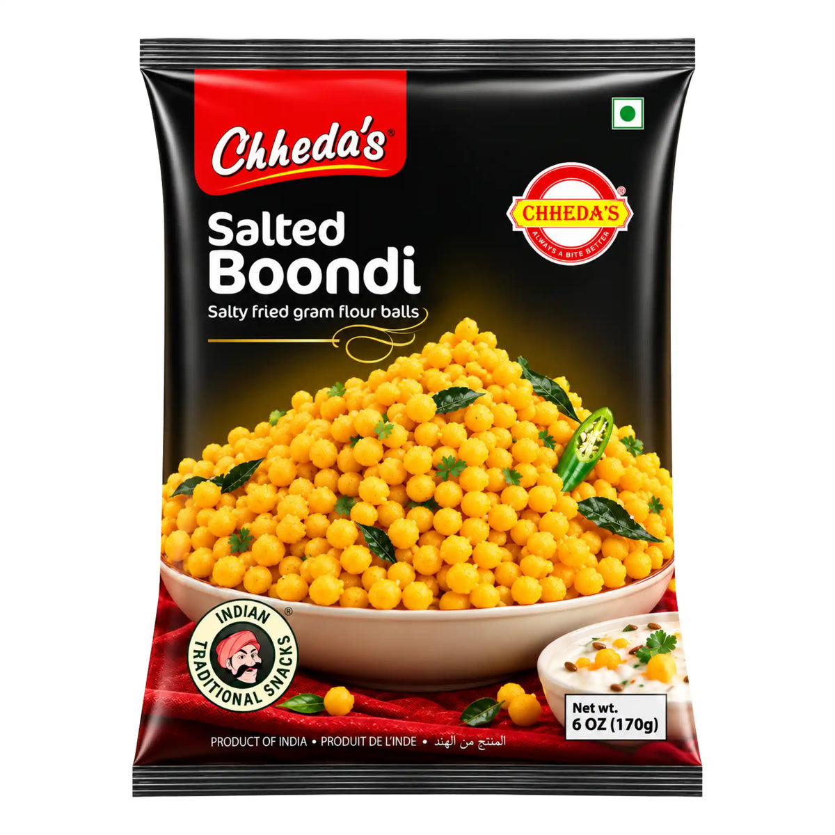 Chheda’s saltad boondi-snacks i svart påse, med bild på krispiga gula kulor och 170 g