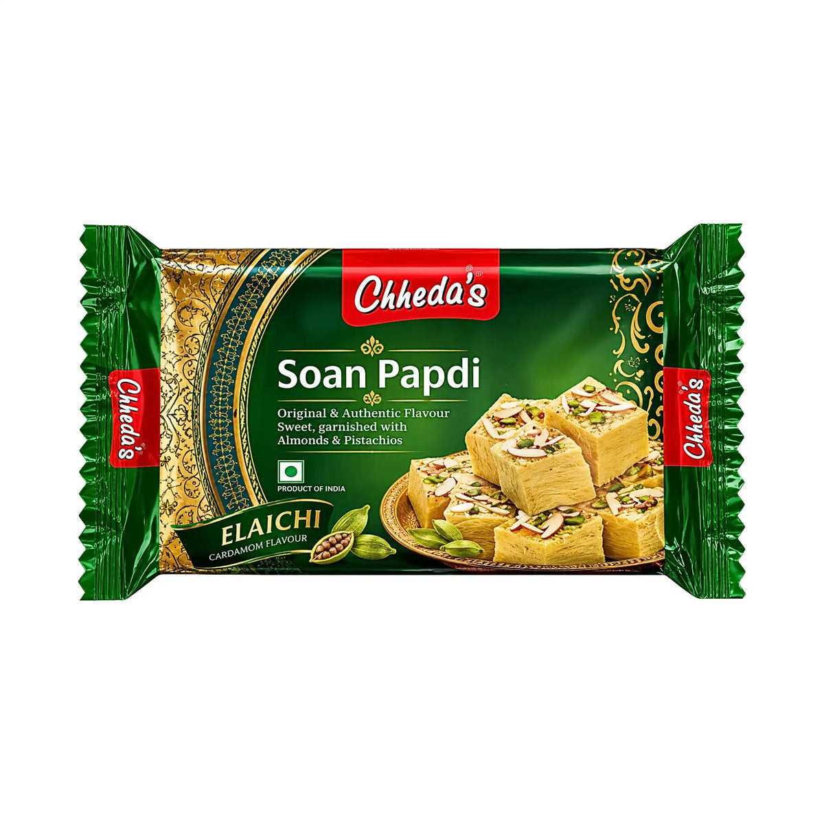 Chheda’s Soan Papdi Elaichi 240g förpackning med sprött indiskt kardemummagodis toppat med mandel och pistasch.