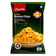 Förpackning med Chheda’s Yellow Banana Chips 170g, krispiga indiska bananchips på shirdill.com.