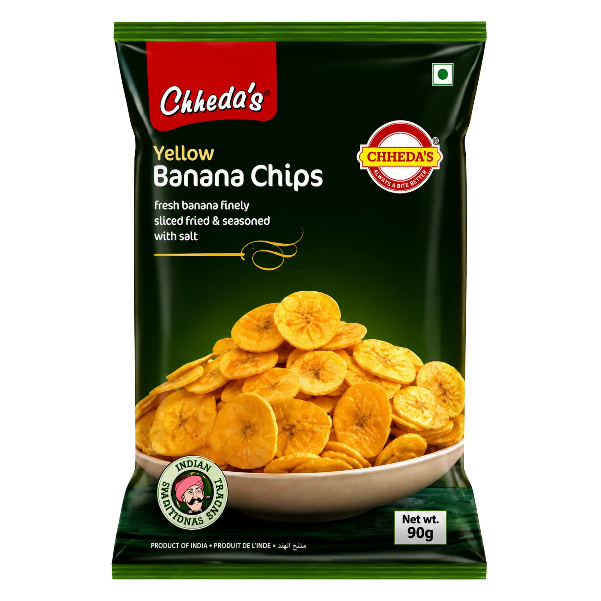 Förpackning med Chheda’s Yellow Banana Chips 170g, krispiga indiska bananchips på shirdill.com.
