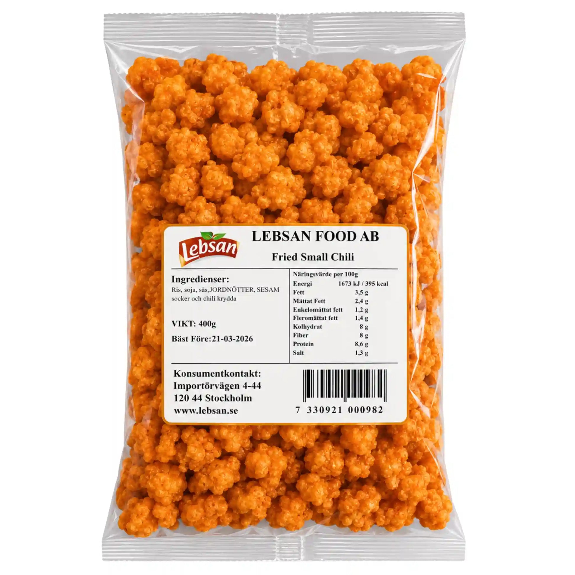 Lebsan chili-friterade småsnacks i påse, orange knapriga bollar