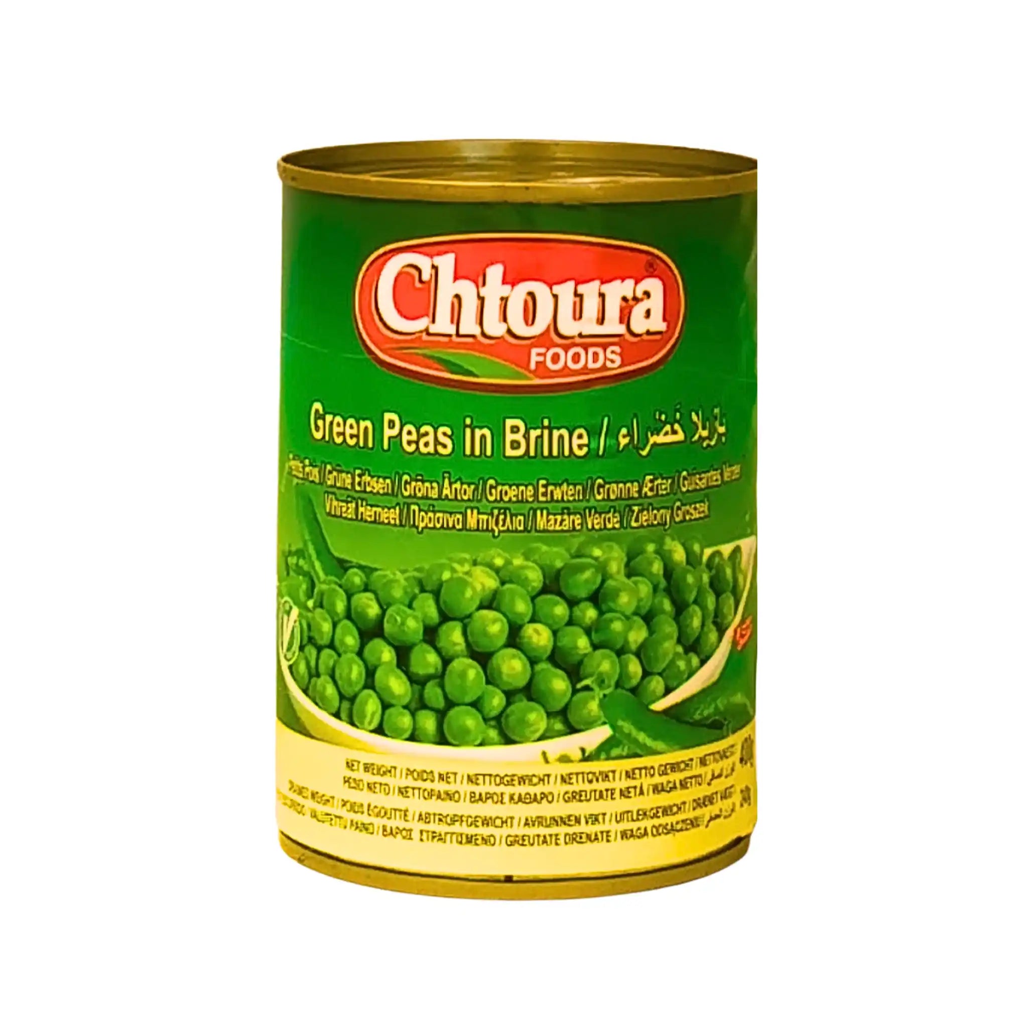 Konservburk med gröna ärtor i saltlag, tydlig etikett och grön bakgrund.