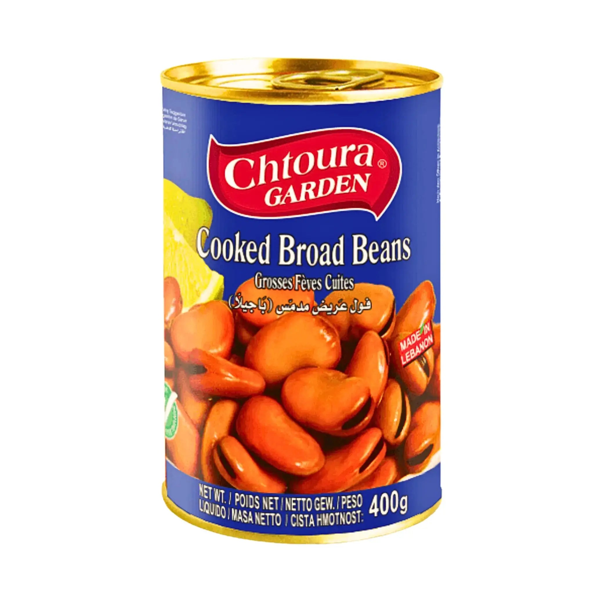 Burk med Chtoura Garden kokta bondbönor 400g med blå etikett på vit bakgrund.