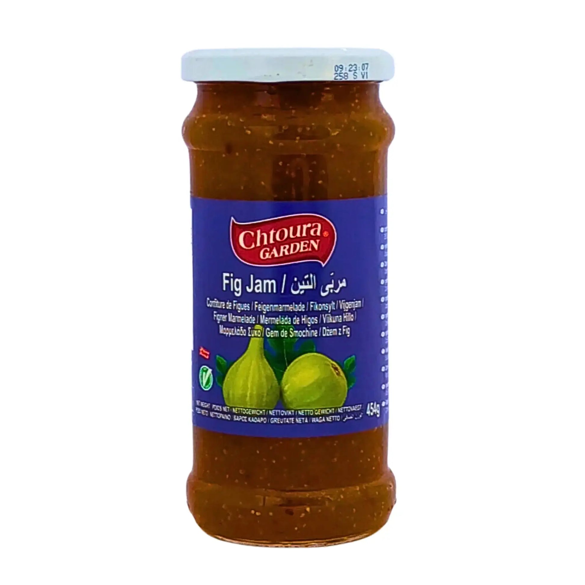 Fikonmarmelad i glasburk 454g, orientaliska smaker, blå etikett med fikonillustration.