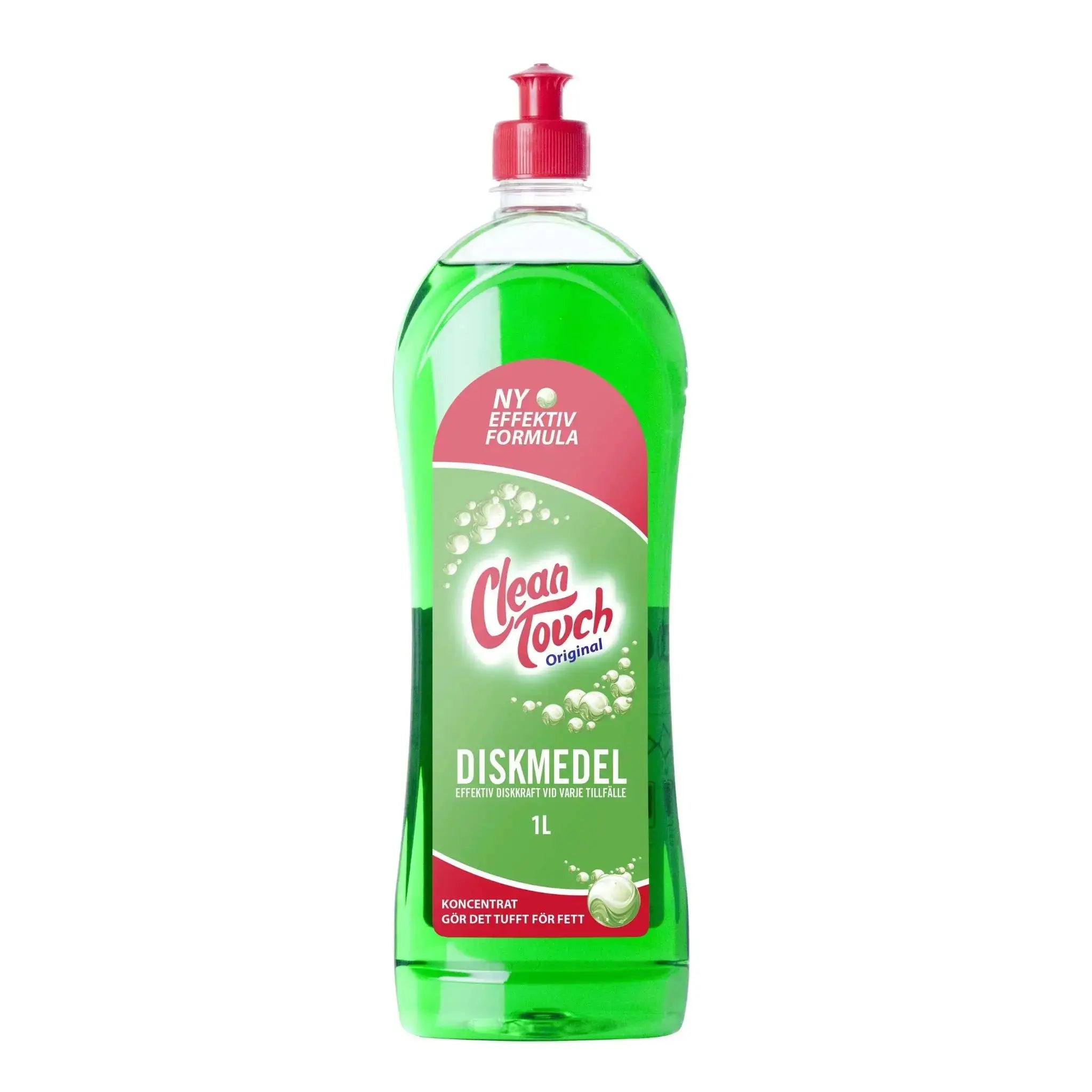 Grön Clean Touch Original diskmedel 1L med röd kork, etikett med bubblor och text.