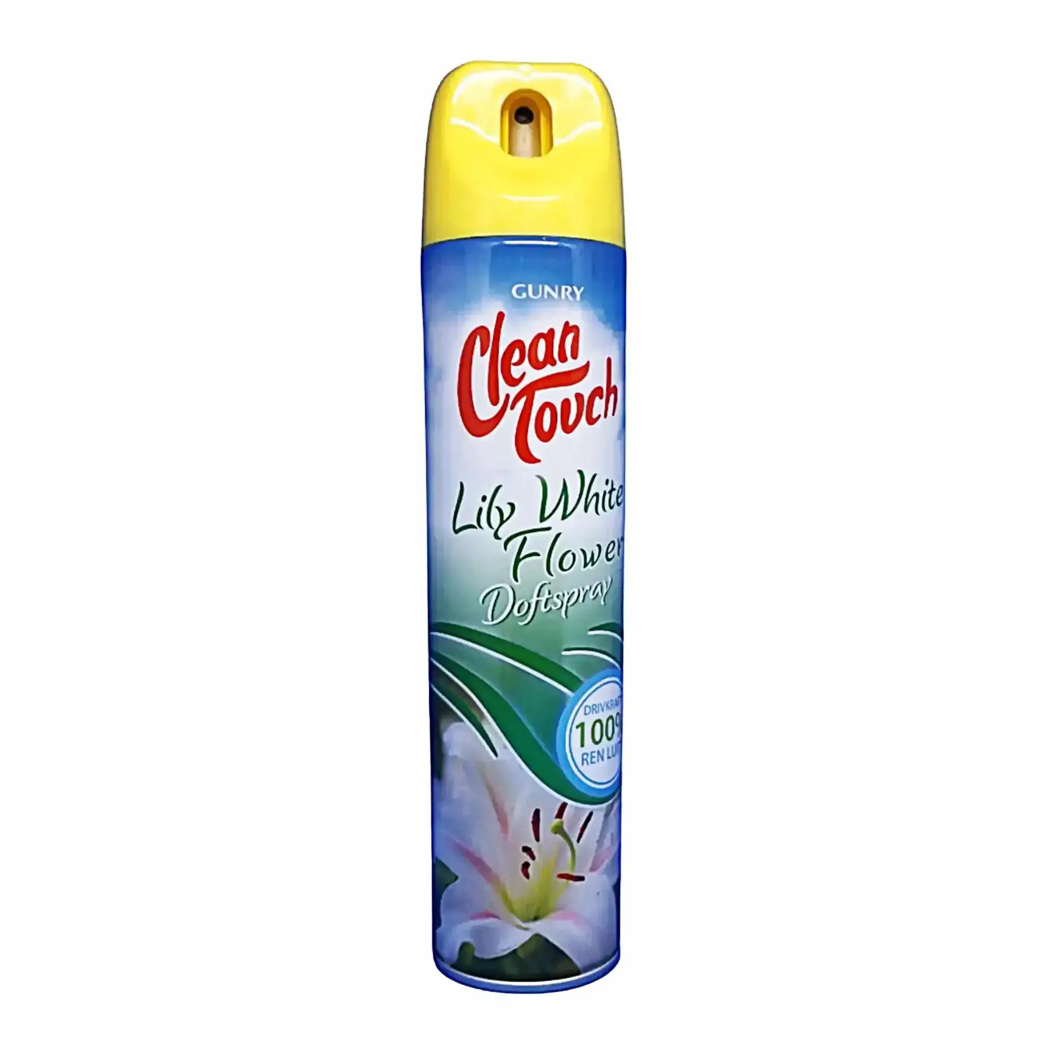 Doftspray Clean Touch Lily White Flower med gul kork och blomsterdekor på vit bakgrund