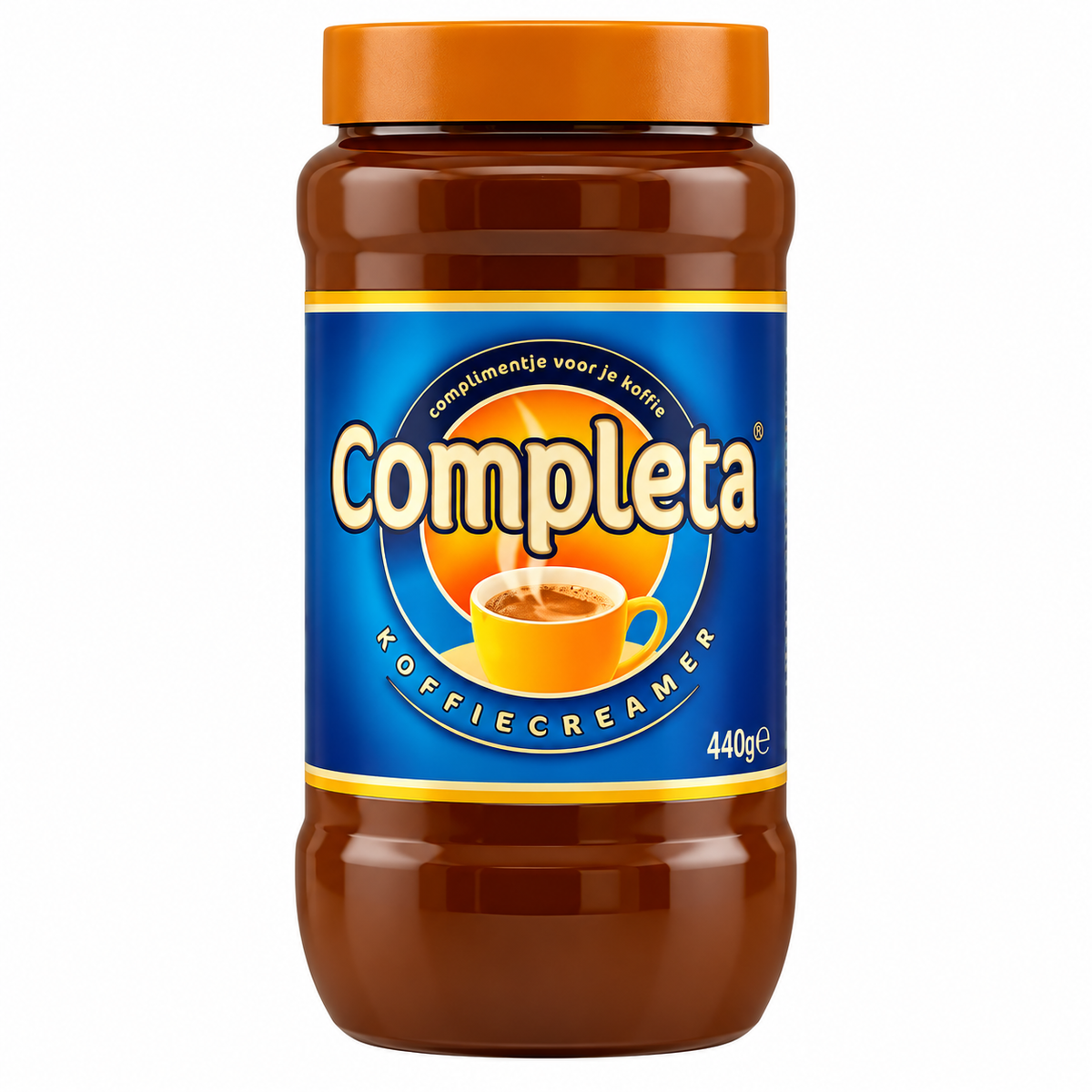 Kaffegräddpulverburk Completa med blå etikett, orange lock, 440 g